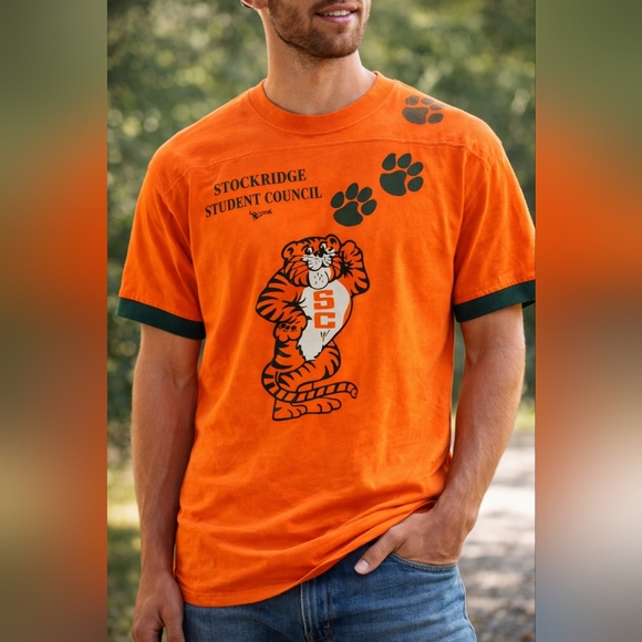 Russell Athletic Tops - Vintage Stockbridge Tigers Tee 🐅 Orange School Spirit Shirt Paw Print Graphic